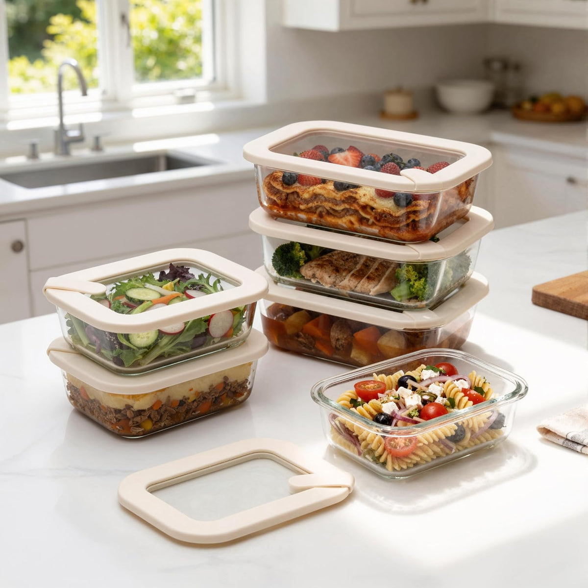 Urban Green Glass Food Storage Containers with Glass Lids, Microwave Safe Food Container Set, Aitight Meal Prep Container Set, BPA Free, 2 extra Colanders, LeakProof, 2 Pack of 60oz