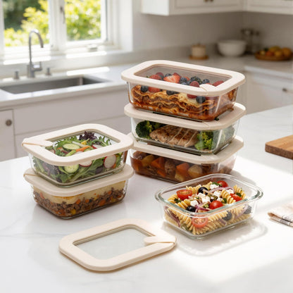 Urban Green Glass Food Storage Containers with Glass Lids, Microwave Safe Food Container Set, Aitight Meal Prep Container Set, BPA Free, 2 extra Colanders, LeakProof, 2 Pack of 60oz