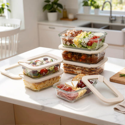Urban Green Glass Food Storage Containers with Glass Lids, Microwave Safe Food Container Set, Aitight Meal Prep Container Set, BPA Free, 2 extra Colanders, LeakProof, 2 Pack of 60oz