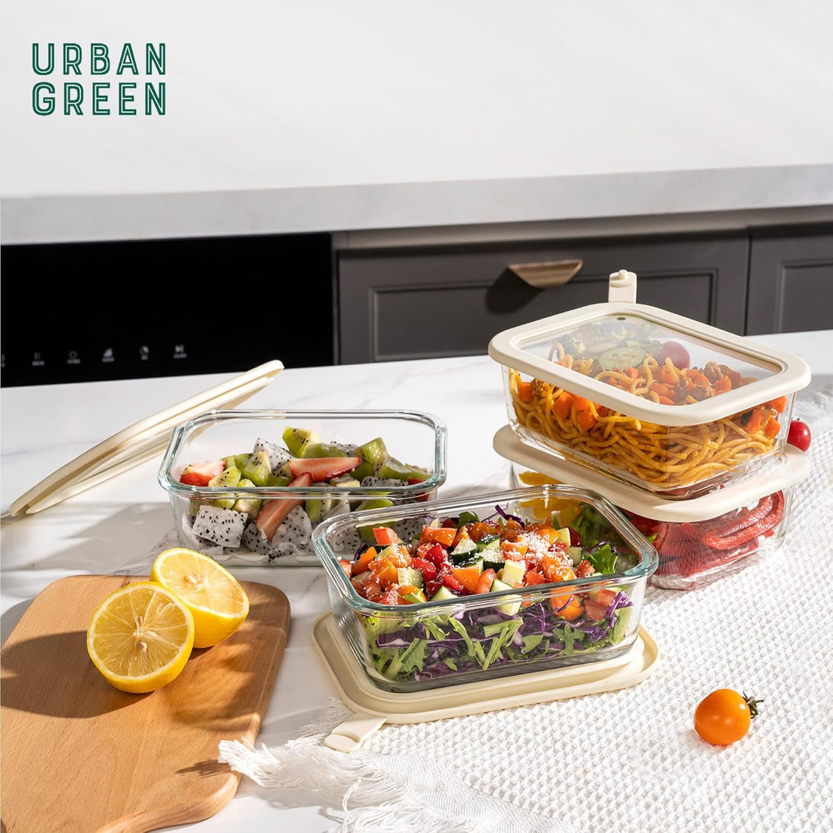 Urban Green Glass Food Storage Containers with Glass Lids, Microwave Safe Food Container Set, Aitight Meal Prep Container Set, BPA Free, 2 extra Colanders, LeakProof, 2 Pack of 60oz