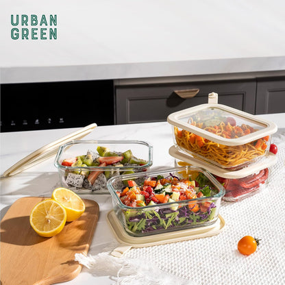 Urban Green Glass Food Storage Containers with Glass Lids, Microwave Safe Food Container Set, Aitight Meal Prep Container Set, BPA Free, 2 extra Colanders, LeakProof, 2 Pack of 60oz