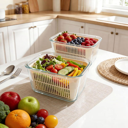 Urban Green Glass Food Storage Containers with Glass Lids, Microwave Safe Food Container Set, Aitight Meal Prep Container Set, BPA Free, 2 extra Colanders, LeakProof, 2 Pack of 60oz