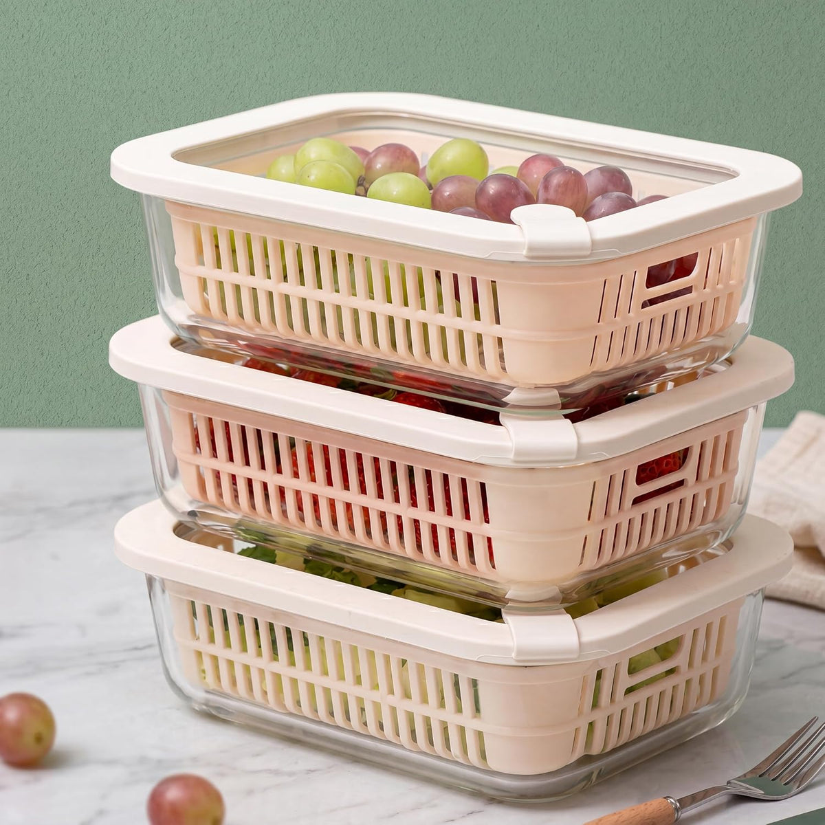 Urban Green Glass Food Storage Containers with Glass Lids, Microwave Safe Food Container Set, Aitight Meal Prep Container Set, BPA Free, 2 extra Colanders, LeakProof, 2 Pack of 60oz
