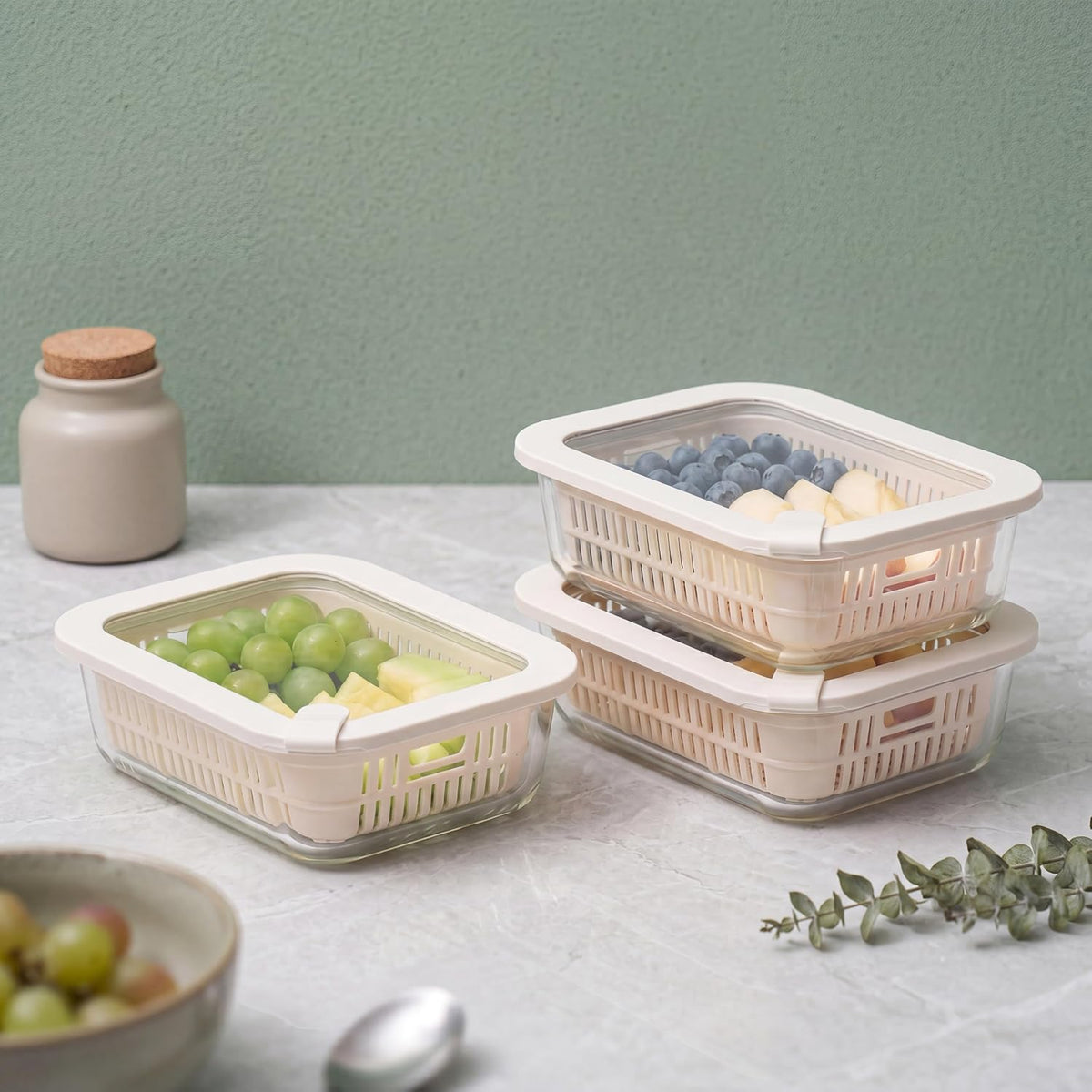 Urban Green Glass Food Storage Containers with Glass Lids, Microwave Safe Food Container Set, Aitight Meal Prep Container Set, BPA Free, 2 extra Colanders, LeakProof, 2 Pack of 60oz