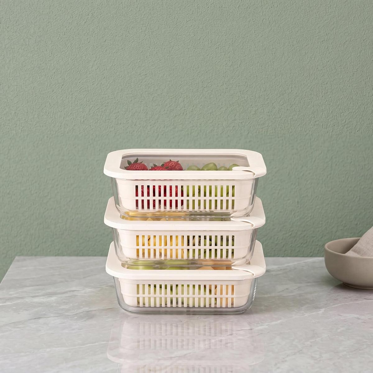 Urban Green Glass Food Storage Containers with Glass Lids, Microwave Safe Food Container Set, Aitight Meal Prep Container Set, BPA Free, 2 extra Colanders, LeakProof, 2 Pack of 60oz