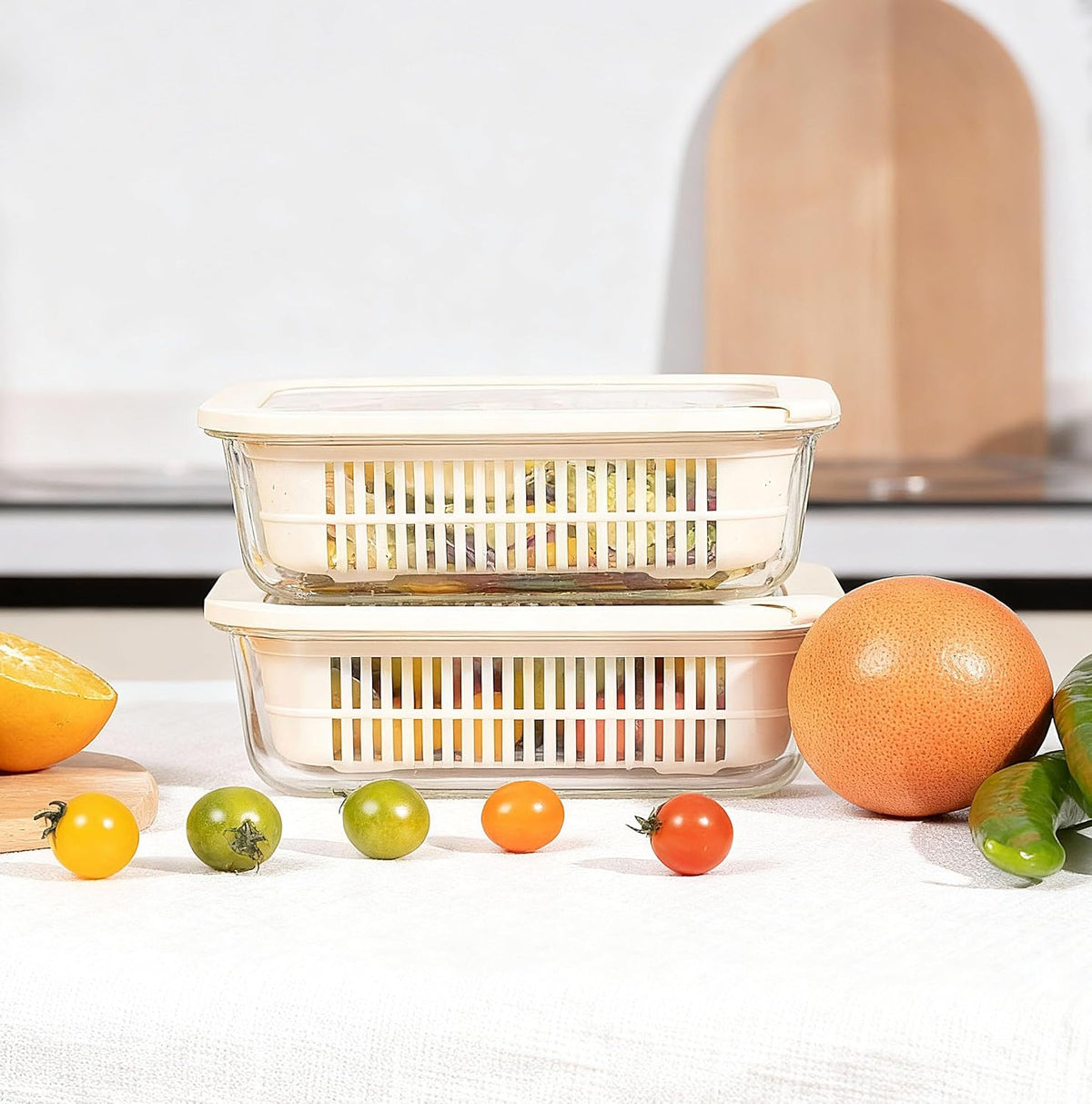 Urban Green Glass Food Storage Containers with Glass Lids, Microwave Safe Food Container Set, Aitight Meal Prep Container Set, BPA Free, 2 extra Colanders, LeakProof, 2 Pack of 60oz