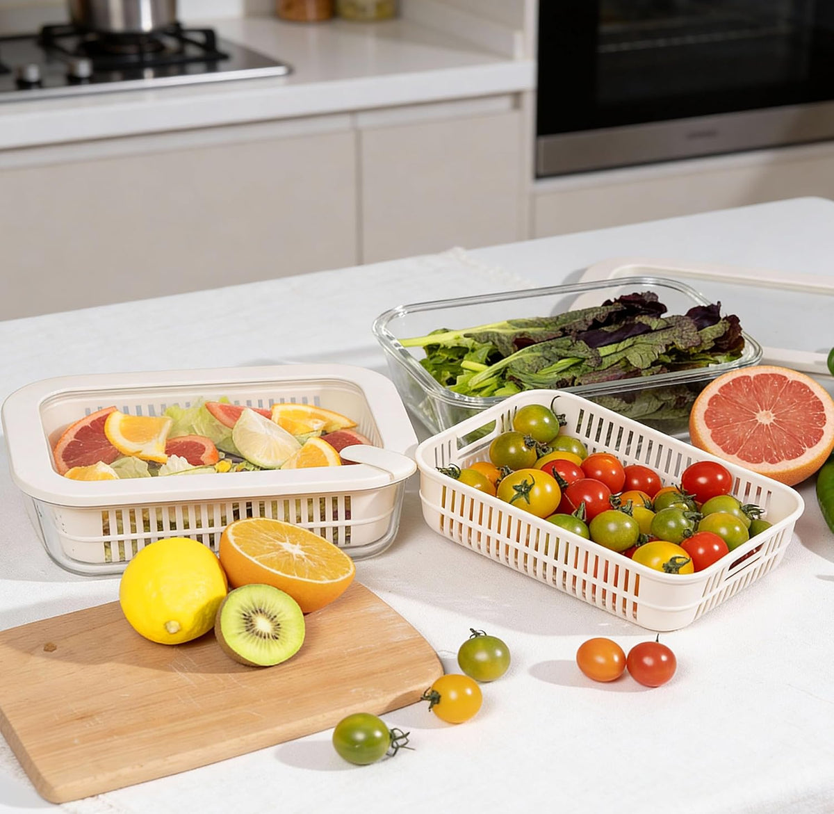 Urban Green Glass Food Storage Containers with Glass Lids, Microwave Safe Food Container Set, Aitight Meal Prep Container Set, BPA Free, 2 extra Colanders, LeakProof, 2 Pack of 60oz