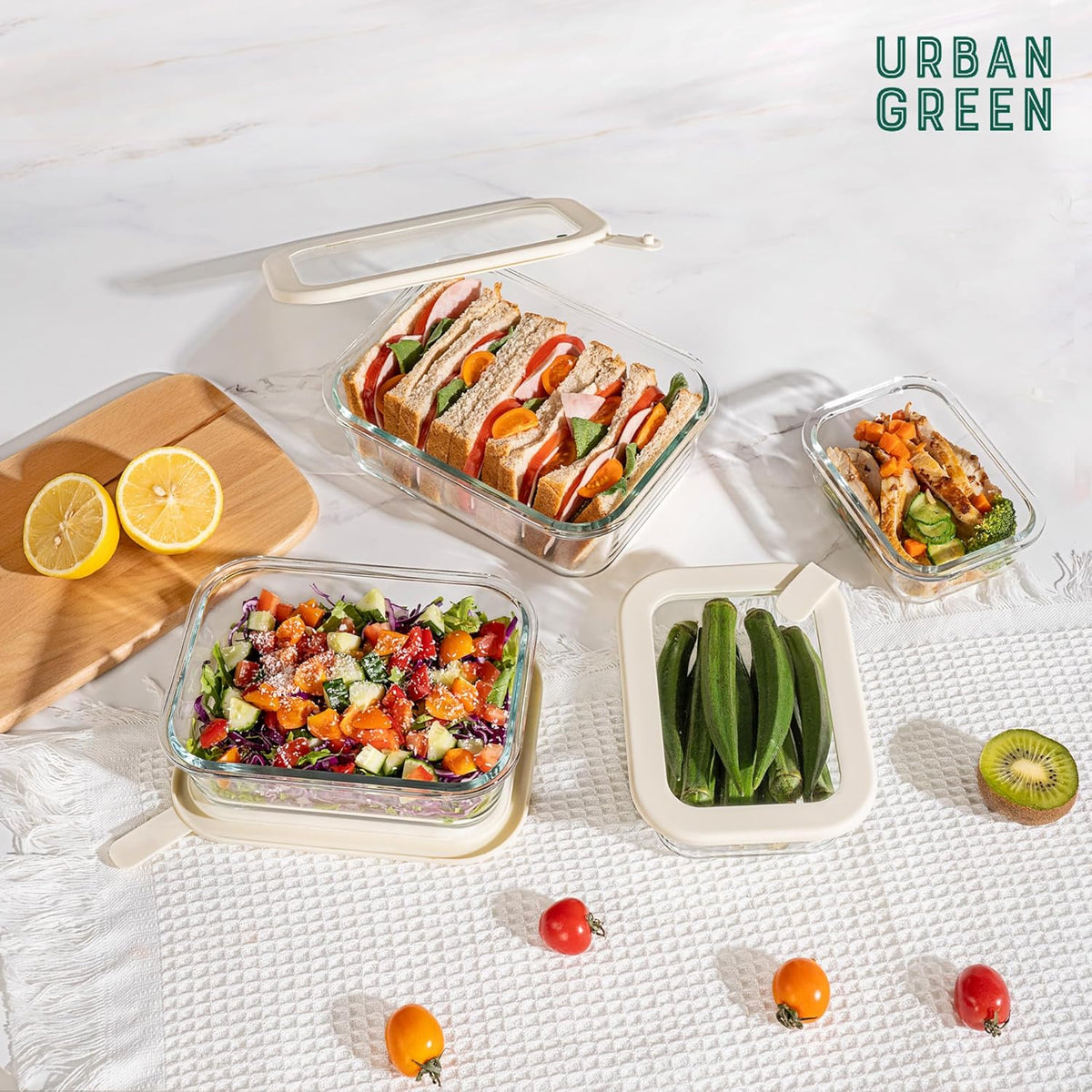 Urban Green Glass Food Storage Containers with Glass Lids, Microwave Safe Food Container Set, Aitight Meal Prep Container Set, BPA Free, 2 extra Colanders, LeakProof, 2 Pack of 60oz