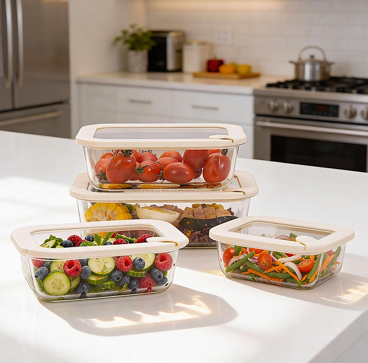 Urban Green Glass Food Storage Containers with Glass Lids, Microwave Safe Food Container Set, Aitight Meal Prep Container Set, BPA Free, 2 extra Colanders, LeakProof, 2 Pack of 60oz
