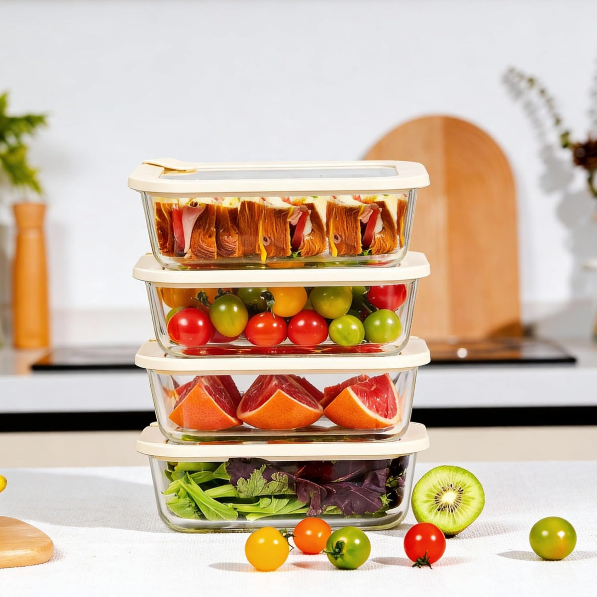 Urban Green Glass Food Storage Containers with Glass Lids, Microwave Safe Food Container Set, Aitight Meal Prep Container Set, BPA Free, 2 extra Colanders, LeakProof, 2 Pack of 60oz