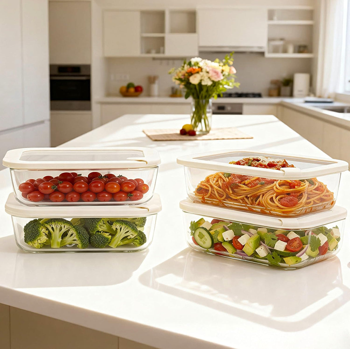 Urban Green Glass Food Storage Containers with Glass Lids, Microwave Safe Food Container Set, Aitight Meal Prep Container Set, BPA Free, 2 extra Colanders, LeakProof, 2 Pack of 60oz