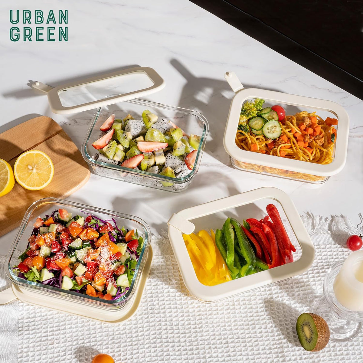 Urban Green Glass Food Storage Containers with Glass Lids, Microwave Safe Food Container Set, Aitight Meal Prep Container Set, BPA Free, 2 extra Colanders, LeakProof, 2 Pack of 60oz