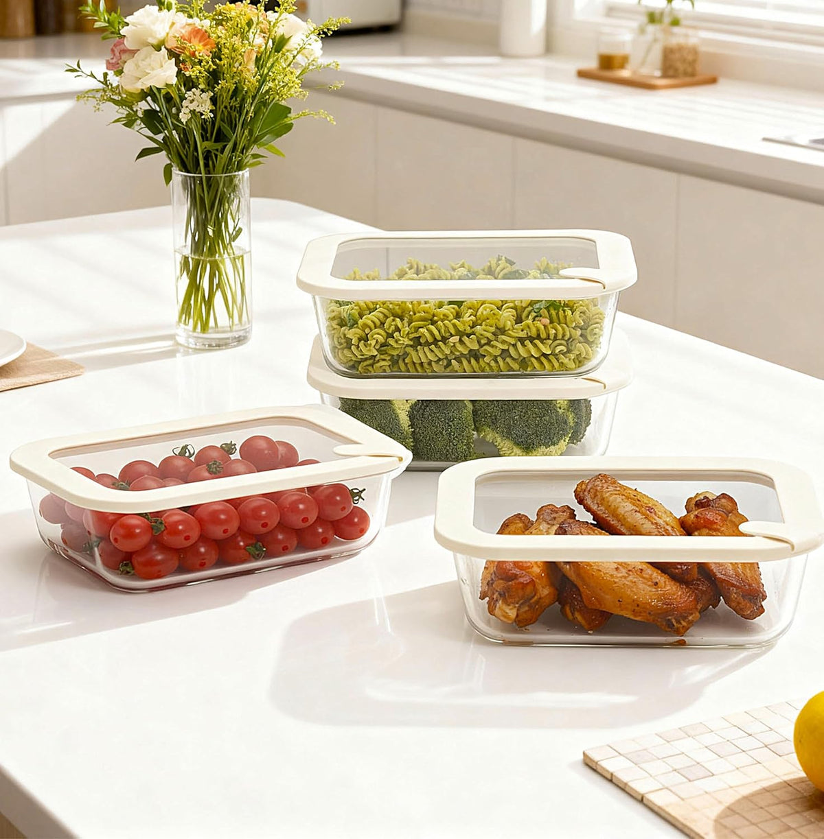 Urban Green Glass Food Storage Containers with Glass Lids, Microwave Safe Food Container Set, Aitight Meal Prep Container Set, BPA Free, 2 extra Colanders, LeakProof, 2 Pack of 60oz