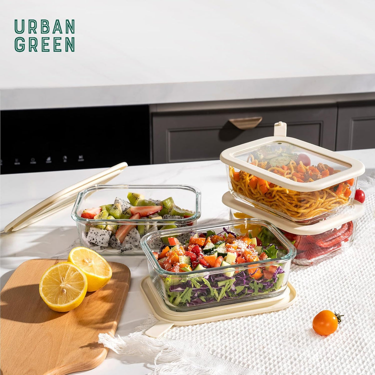 Urban Green Glass Food Storage Containers with Glass Lids, Microwave Safe Food Container Set, Aitight Meal Prep Container Set, BPA Free, 2 extra Colanders, LeakProof, 2 Pack of 60oz