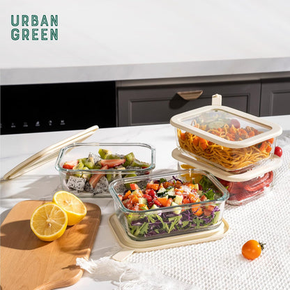 Urban Green Glass Food Storage Containers with Glass Lids, Microwave Safe Food Container Set, Aitight Meal Prep Container Set, BPA Free, 2 extra Colanders, LeakProof, 2 Pack of 60oz