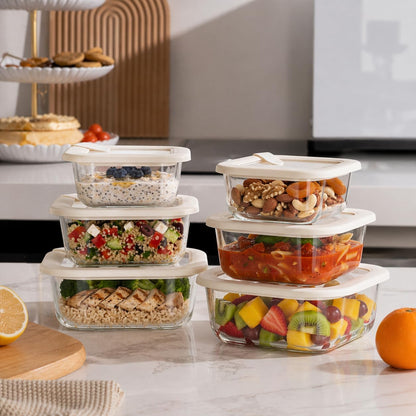 Urban Green Glass Food Storage Containers with Glass Lids, Microwave Safe Food Container Set, Aitight Meal Prep Container Set, BPA Free, 2 extra Colanders, LeakProof, 2 Pack of 60oz