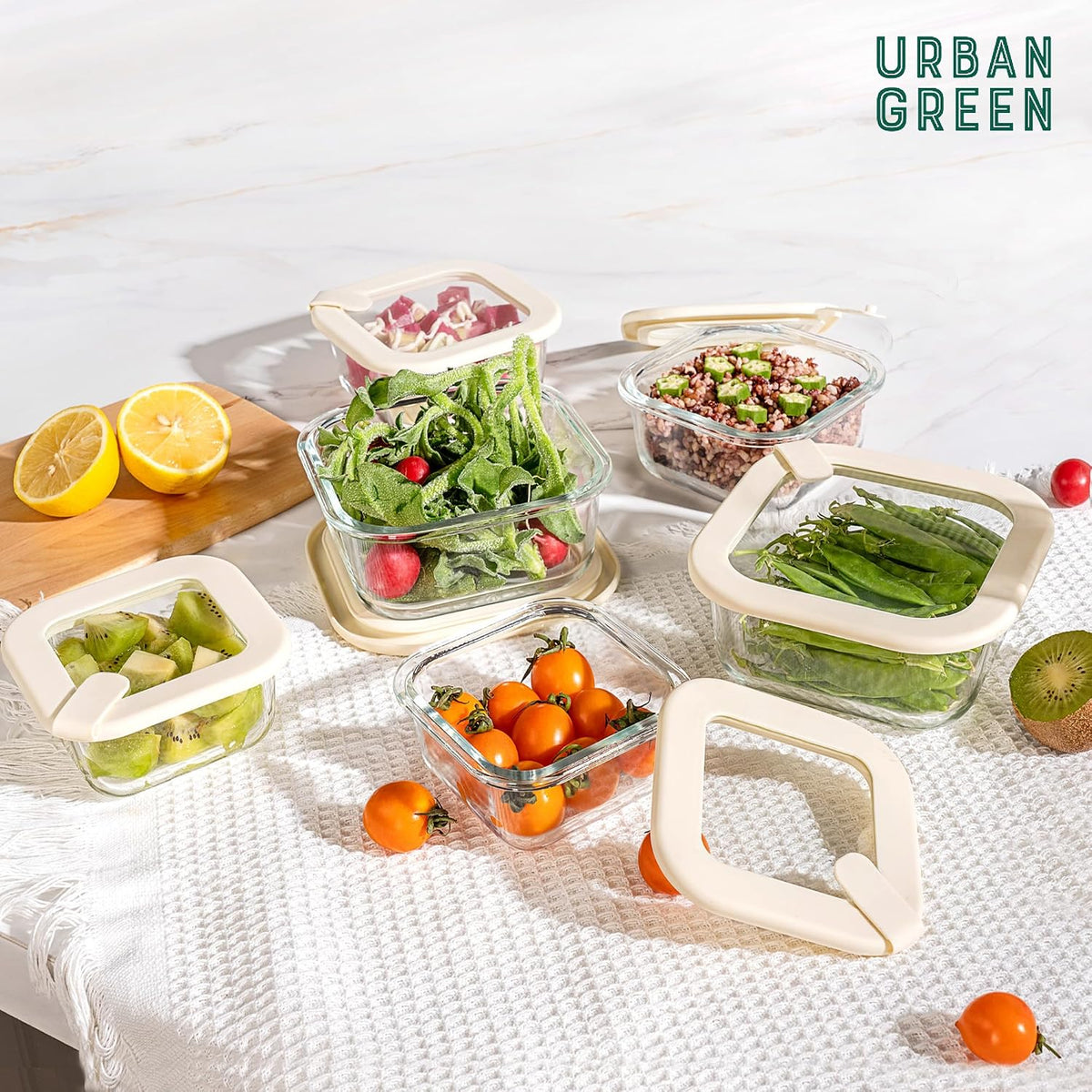 Urban Green Glass Food Storage Containers with Glass Lids, Microwave Safe Food Container Set, Aitight Meal Prep Container Set, BPA Free, 2 extra Colanders, LeakProof, 2 Pack of 60oz