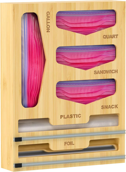 Bamboo Bag Organizer with Magnetic Closure, 6 In 1 Kitchen Drawer Foil and Plastic Wrap Dispenser with Cutter, Storage bag for Gallon, Quart, Sandwich, Snack Black