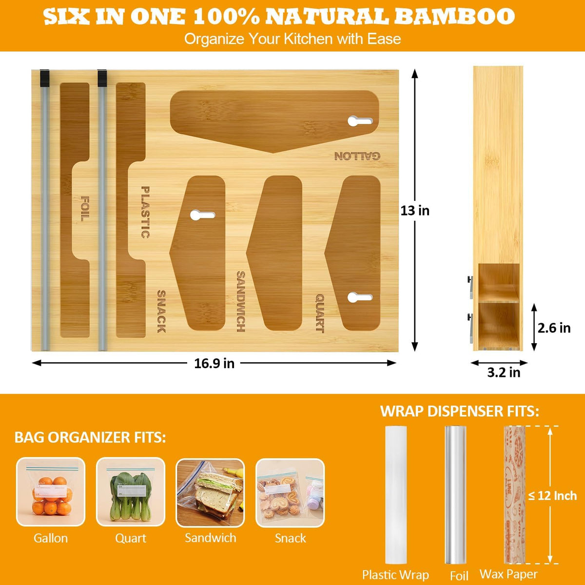 Bamboo Bag Organizer with Magnetic Closure, 6 In 1 Kitchen Drawer Foil and Plastic Wrap Dispenser with Cutter, Storage bag for Gallon, Quart, Sandwich, Snack Black