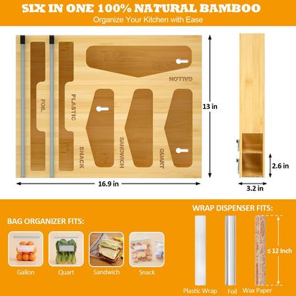Bamboo Bag Organizer with Magnetic Closure, 6 In 1 Kitchen Drawer Foil and Plastic Wrap Dispenser with Cutter, Storage bag for Gallon, Quart, Sandwich, Snack Black