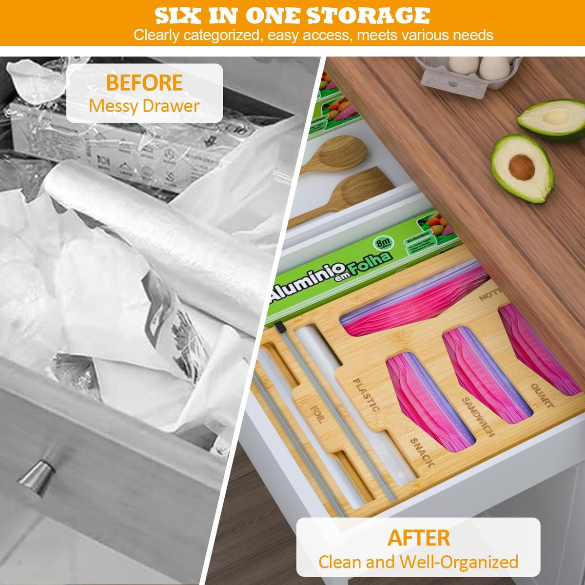 Bamboo Bag Organizer with Magnetic Closure, 6 In 1 Kitchen Drawer Foil and Plastic Wrap Dispenser with Cutter, Storage bag for Gallon, Quart, Sandwich, Snack Black