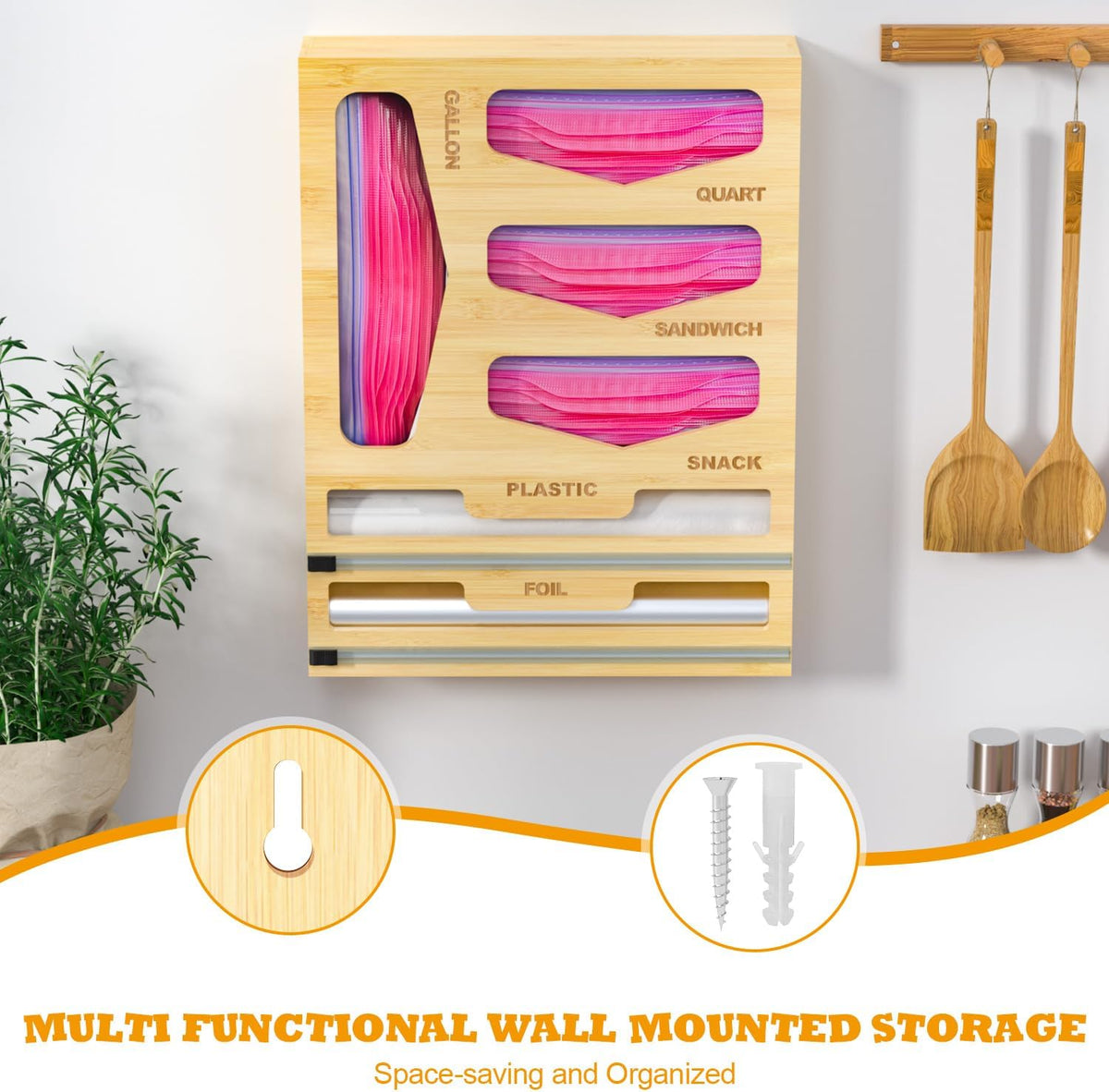 Bamboo Bag Organizer with Magnetic Closure, 6 In 1 Kitchen Drawer Foil and Plastic Wrap Dispenser with Cutter, Storage bag for Gallon, Quart, Sandwich, Snack Black