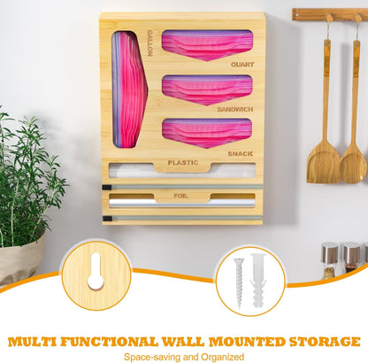 Bamboo Bag Organizer with Magnetic Closure, 6 In 1 Kitchen Drawer Foil and Plastic Wrap Dispenser with Cutter, Storage bag for Gallon, Quart, Sandwich, Snack Black