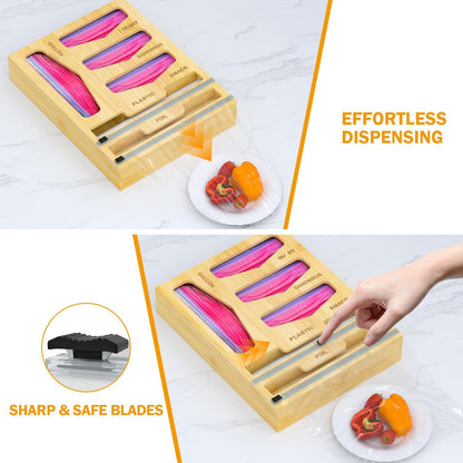 Bamboo Bag Organizer with Magnetic Closure, 6 In 1 Kitchen Drawer Foil and Plastic Wrap Dispenser with Cutter, Storage bag for Gallon, Quart, Sandwich, Snack Black