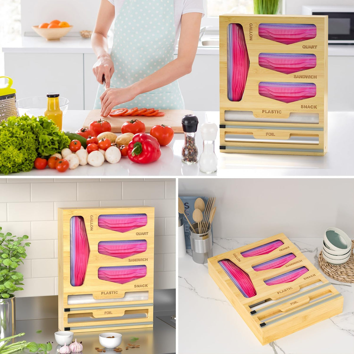 Bamboo Bag Organizer with Magnetic Closure, 6 In 1 Kitchen Drawer Foil and Plastic Wrap Dispenser with Cutter, Storage bag for Gallon, Quart, Sandwich, Snack Black