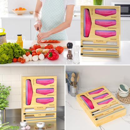 Bamboo Bag Organizer with Magnetic Closure, 6 In 1 Kitchen Drawer Foil and Plastic Wrap Dispenser with Cutter, Storage bag for Gallon, Quart, Sandwich, Snack Black