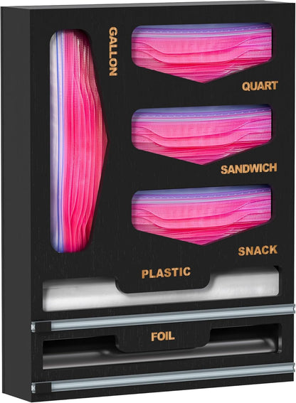 Bamboo Bag Organizer with Magnetic Closure, 6 In 1 Kitchen Drawer Foil and Plastic Wrap Dispenser with Cutter, Storage bag for Gallon, Quart, Sandwich, Snack Black