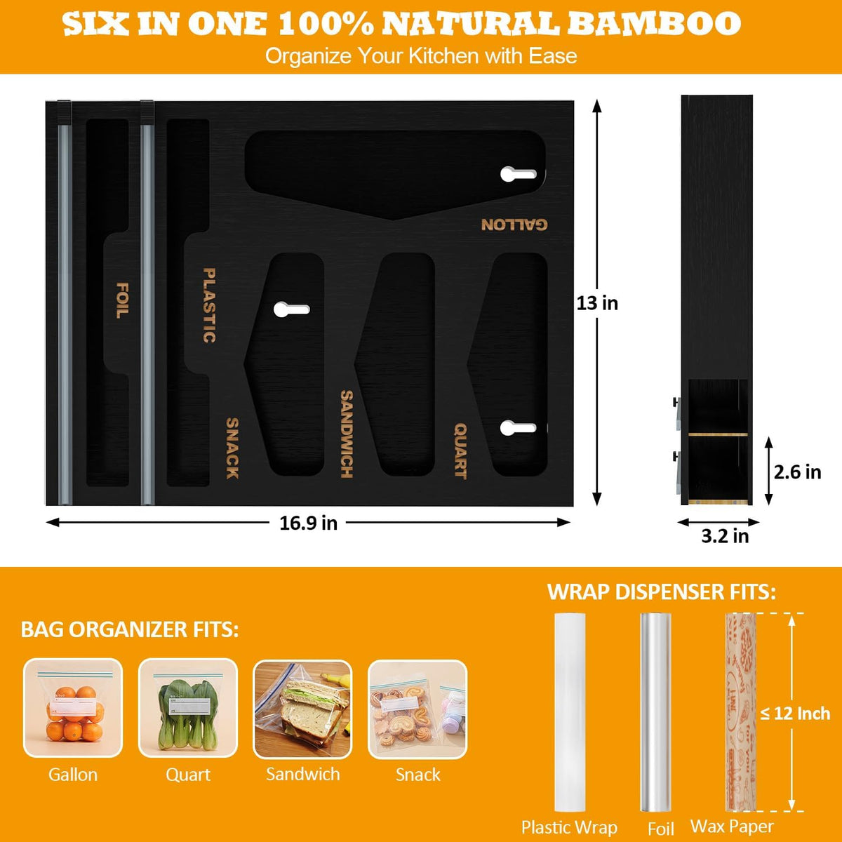 Bamboo Bag Organizer with Magnetic Closure, 6 In 1 Kitchen Drawer Foil and Plastic Wrap Dispenser with Cutter, Storage bag for Gallon, Quart, Sandwich, Snack Black