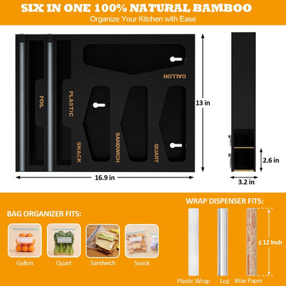 Bamboo Bag Organizer with Magnetic Closure, 6 In 1 Kitchen Drawer Foil and Plastic Wrap Dispenser with Cutter, Storage bag for Gallon, Quart, Sandwich, Snack Black