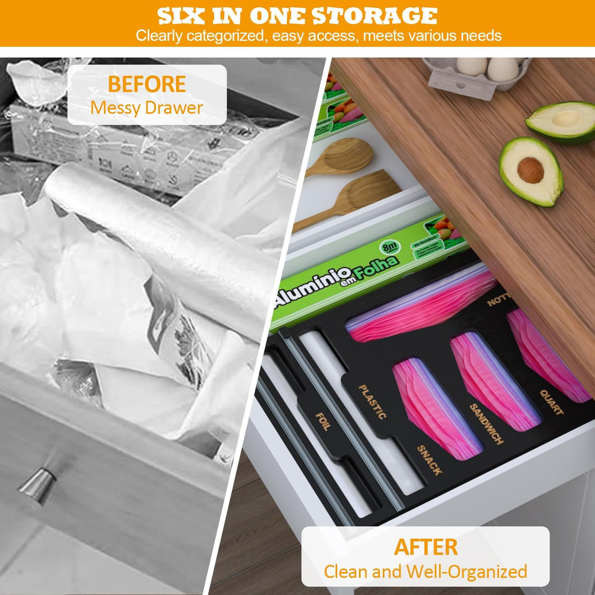 Bamboo Bag Organizer with Magnetic Closure, 6 In 1 Kitchen Drawer Foil and Plastic Wrap Dispenser with Cutter, Storage bag for Gallon, Quart, Sandwich, Snack Black
