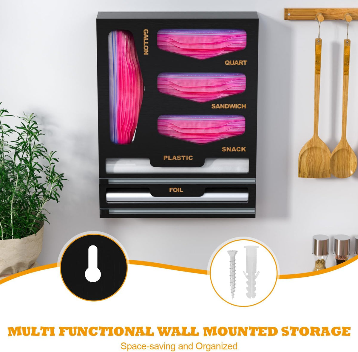 Bamboo Bag Organizer with Magnetic Closure, 6 In 1 Kitchen Drawer Foil and Plastic Wrap Dispenser with Cutter, Storage bag for Gallon, Quart, Sandwich, Snack Black