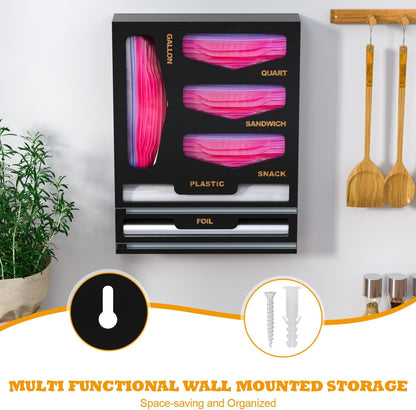 Bamboo Bag Organizer with Magnetic Closure, 6 In 1 Kitchen Drawer Foil and Plastic Wrap Dispenser with Cutter, Storage bag for Gallon, Quart, Sandwich, Snack Black