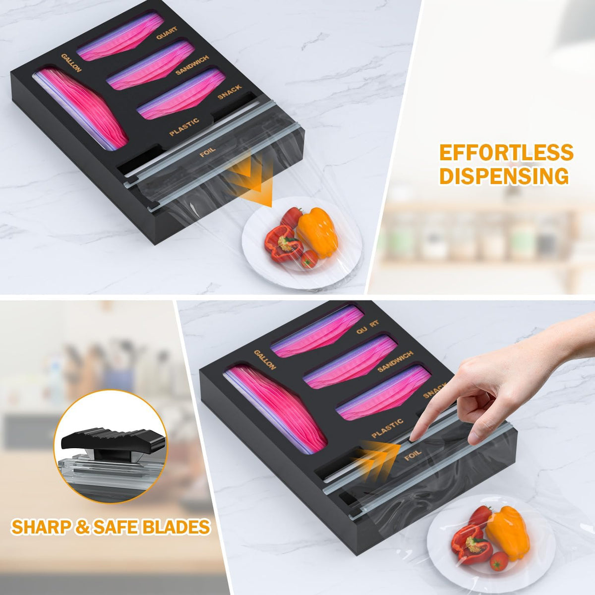 Bamboo Bag Organizer with Magnetic Closure, 6 In 1 Kitchen Drawer Foil and Plastic Wrap Dispenser with Cutter, Storage bag for Gallon, Quart, Sandwich, Snack Black