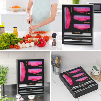 Bamboo Bag Organizer with Magnetic Closure, 6 In 1 Kitchen Drawer Foil and Plastic Wrap Dispenser with Cutter, Storage bag for Gallon, Quart, Sandwich, Snack Black