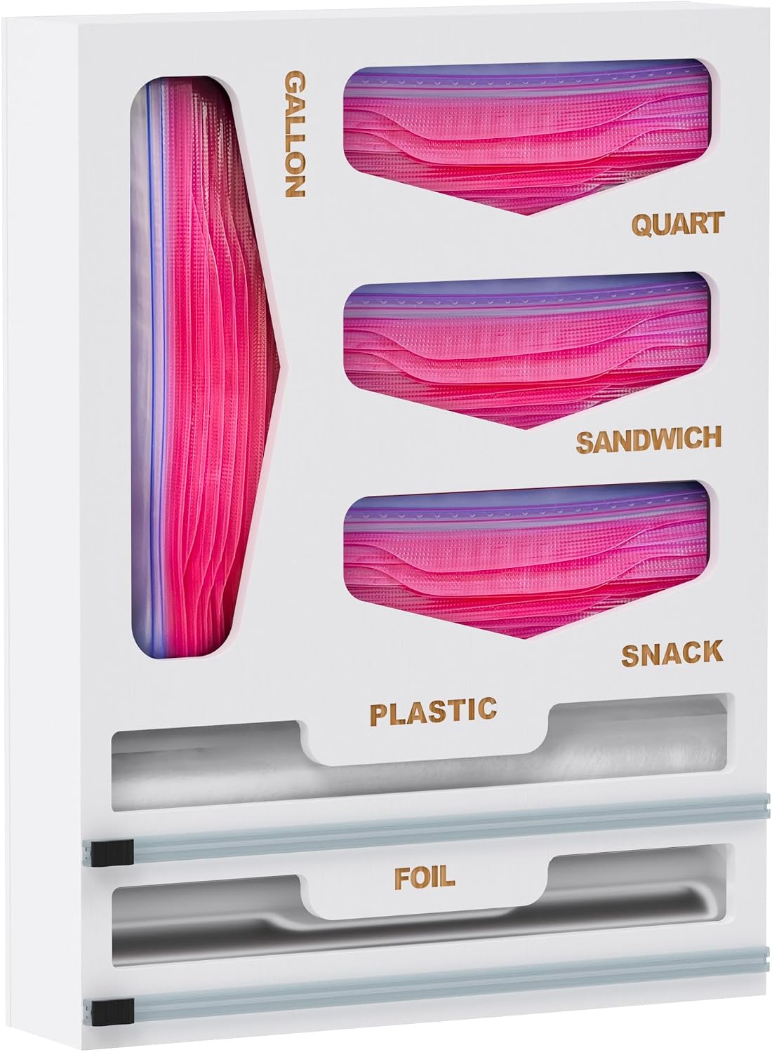 Bamboo Bag Organizer with Magnetic Closure, 6 In 1 Kitchen Drawer Foil and Plastic Wrap Dispenser with Cutter, Storage bag for Gallon, Quart, Sandwich, Snack Black