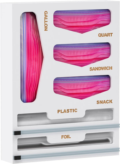Bamboo Bag Organizer with Magnetic Closure, 6 In 1 Kitchen Drawer Foil and Plastic Wrap Dispenser with Cutter, Storage bag for Gallon, Quart, Sandwich, Snack Black