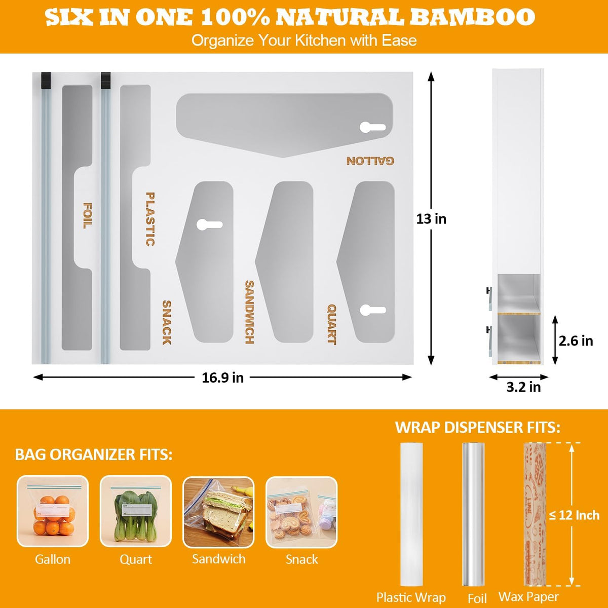 Bamboo Bag Organizer with Magnetic Closure, 6 In 1 Kitchen Drawer Foil and Plastic Wrap Dispenser with Cutter, Storage bag for Gallon, Quart, Sandwich, Snack Black
