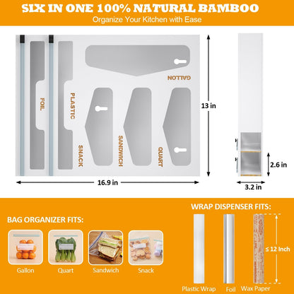 Bamboo Bag Organizer with Magnetic Closure, 6 In 1 Kitchen Drawer Foil and Plastic Wrap Dispenser with Cutter, Storage bag for Gallon, Quart, Sandwich, Snack Black