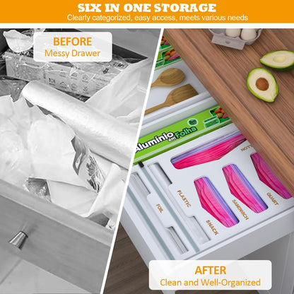 Bamboo Bag Organizer with Magnetic Closure, 6 In 1 Kitchen Drawer Foil and Plastic Wrap Dispenser with Cutter, Storage bag for Gallon, Quart, Sandwich, Snack Black