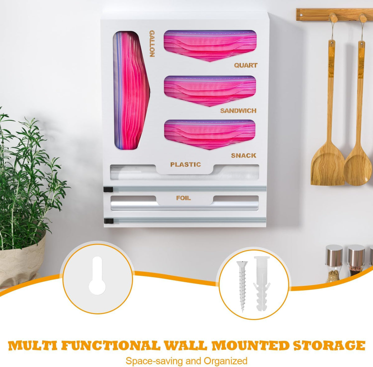 Bamboo Bag Organizer with Magnetic Closure, 6 In 1 Kitchen Drawer Foil and Plastic Wrap Dispenser with Cutter, Storage bag for Gallon, Quart, Sandwich, Snack Black