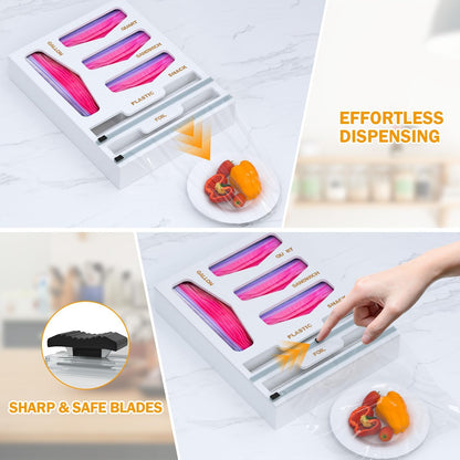 Bamboo Bag Organizer with Magnetic Closure, 6 In 1 Kitchen Drawer Foil and Plastic Wrap Dispenser with Cutter, Storage bag for Gallon, Quart, Sandwich, Snack Black