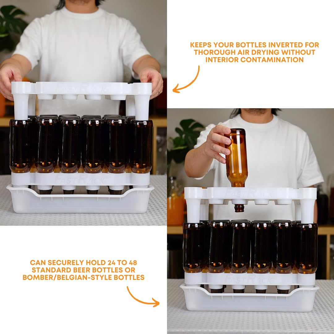 FASTFERMENT - 24-Bottle Drying Rack & Tray| Bottle Drying Tree Alternative | Dry & Store your Wine or Bomber/Belgian Bottles | Stackable | White | Dishwasher Safe | Home Brewing Supplies