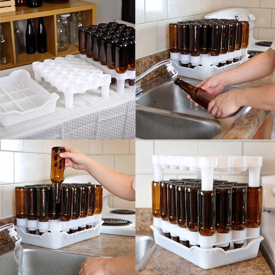 FASTFERMENT - 24-Bottle Drying Rack & Tray| Bottle Drying Tree Alternative | Dry & Store your Wine or Bomber/Belgian Bottles | Stackable | White | Dishwasher Safe | Home Brewing Supplies