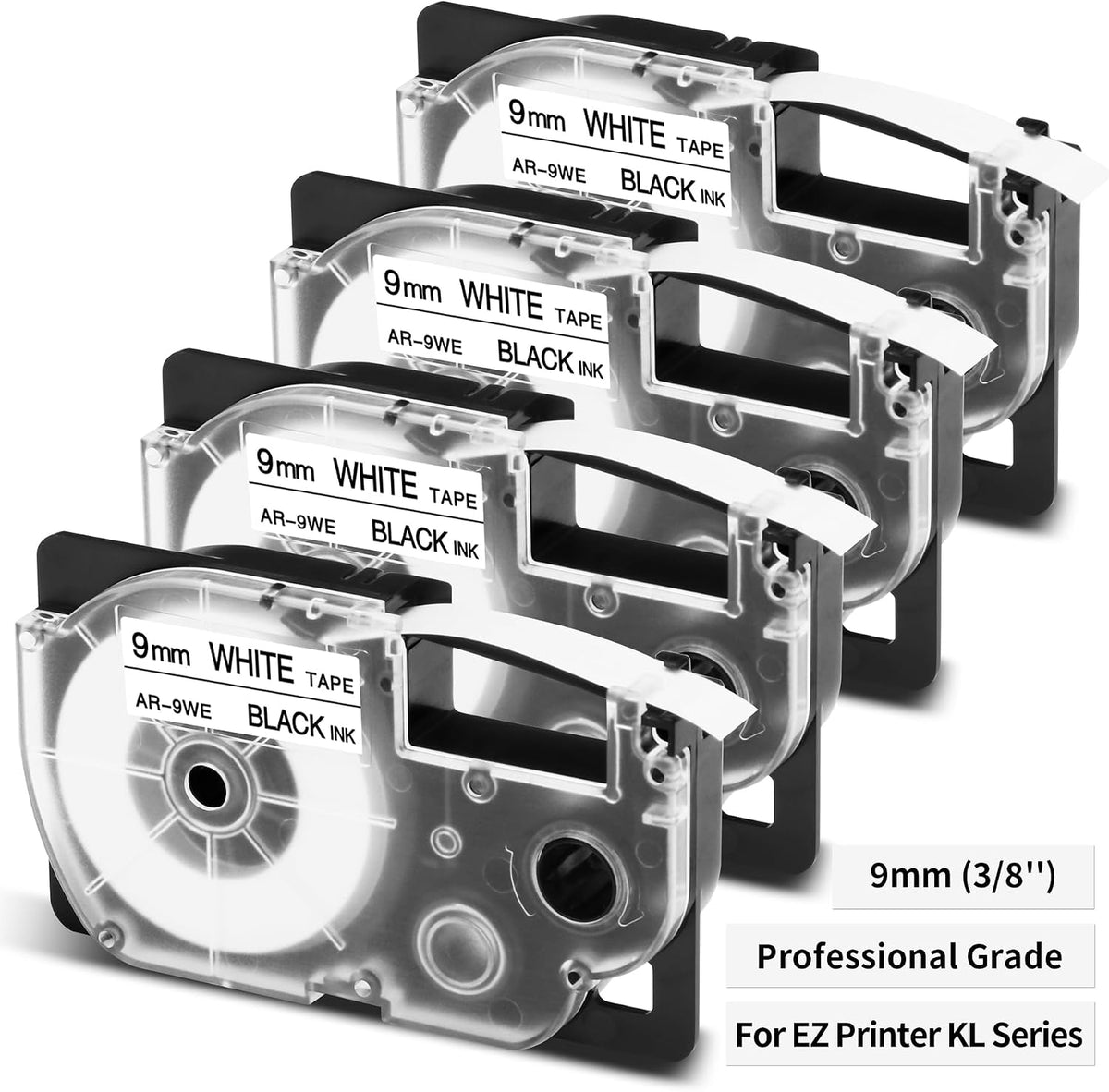 4-Pack Replace for Casio Label It Tape Cartridge 9mm White Laminated XR-9WE | Compatible with Casio Label Maker Tape 9mm XR-9WE2S for EZ Label Printer KL-60 KL750B KL-780 KL-120 KL-100 KL750 KL820 KL7200
