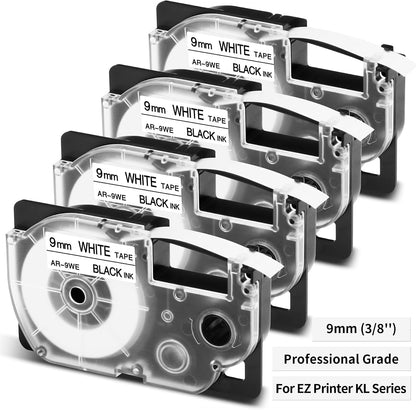 4-Pack Replace for Casio Label It Tape Cartridge 9mm White Laminated XR-9WE | Compatible with Casio Label Maker Tape 9mm XR-9WE2S for EZ Label Printer KL-60 KL750B KL-780 KL-120 KL-100 KL750 KL820 KL7200