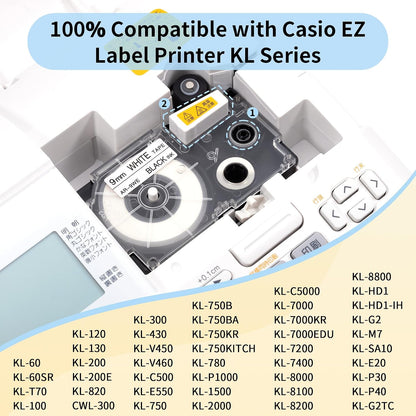 4-Pack Replace for Casio Label It Tape Cartridge 9mm White Laminated XR-9WE | Compatible with Casio Label Maker Tape 9mm XR-9WE2S for EZ Label Printer KL-60 KL750B KL-780 KL-120 KL-100 KL750 KL820 KL7200
